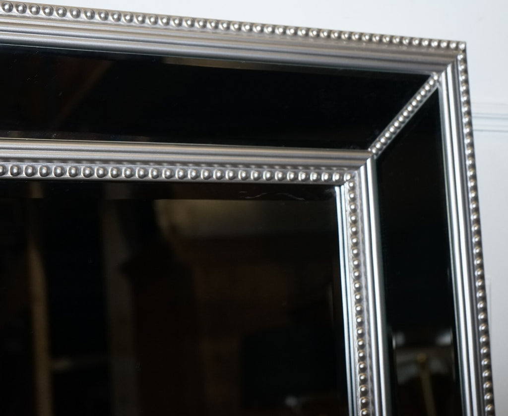 BEAUTIFUL LARGE SILVER BEADED CUSHIONED BEVELLED RECTANGULAR MIRROR