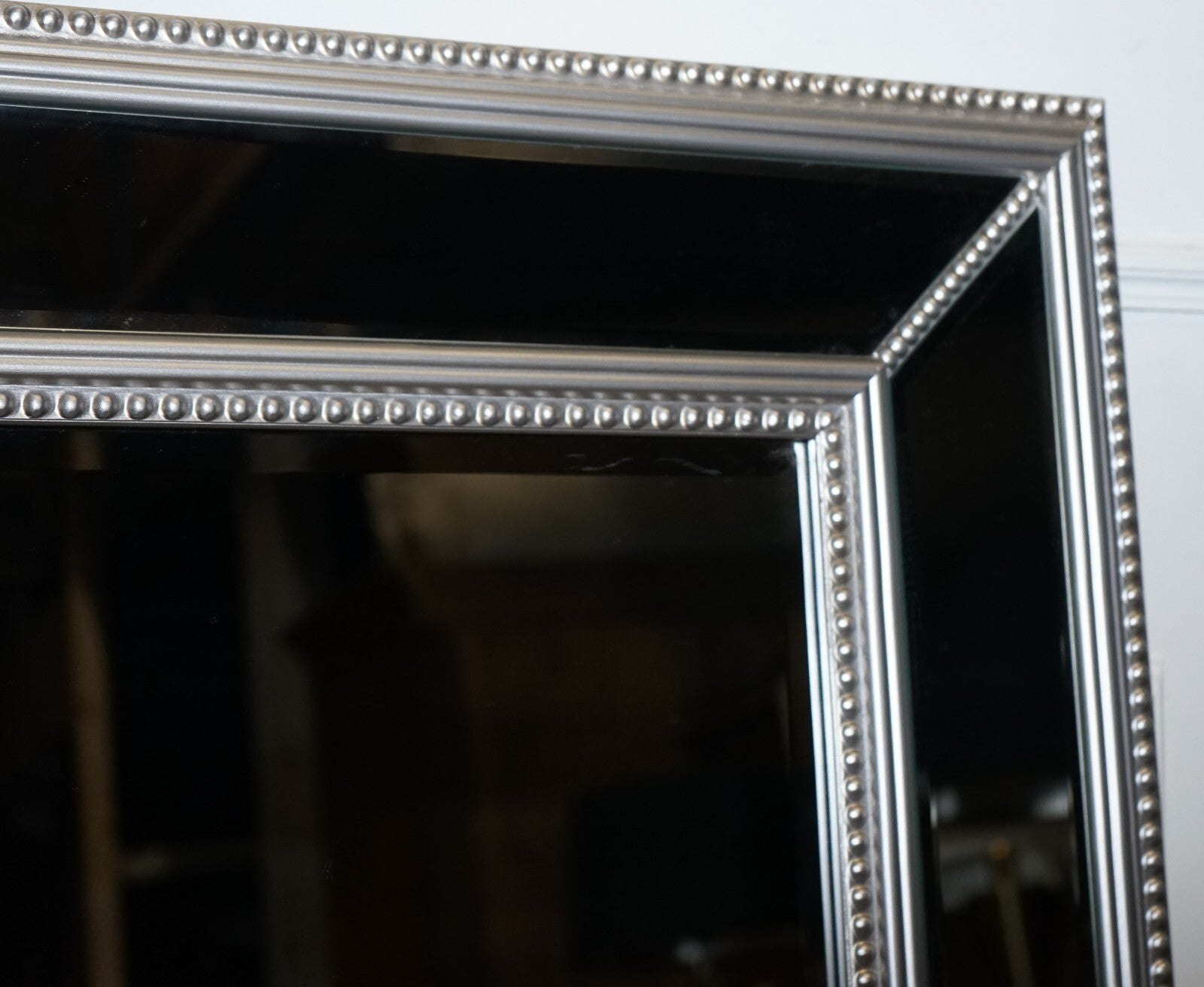 BEAUTIFUL LARGE SILVER BEADED CUSHIONED BEVELLED RECTANGULAR MIRROR