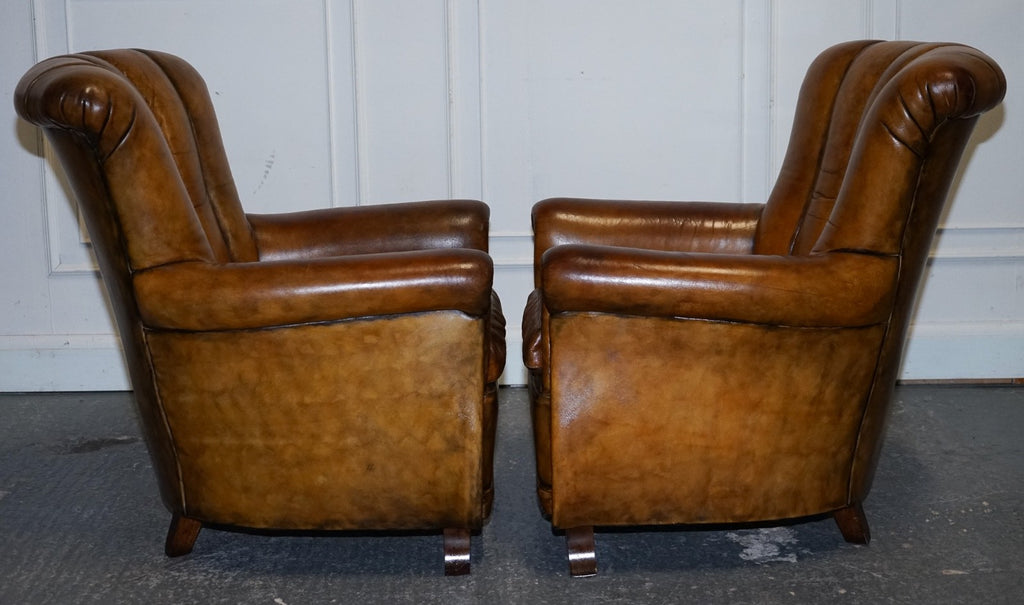 VINTAGE PAIR OF ART DECO STYLE HAND DYED LEATHER SHELL ARM CHAIRS