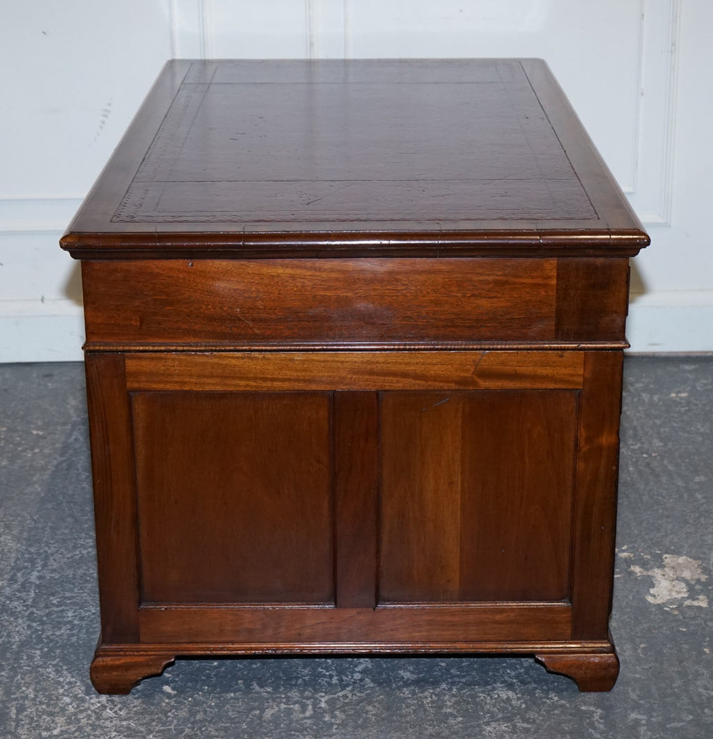 ANTIQUE RESTORED HOBBS & CO LONDON TWIN PEDESTAL DESK HAND DYED RED LEATHER TOP