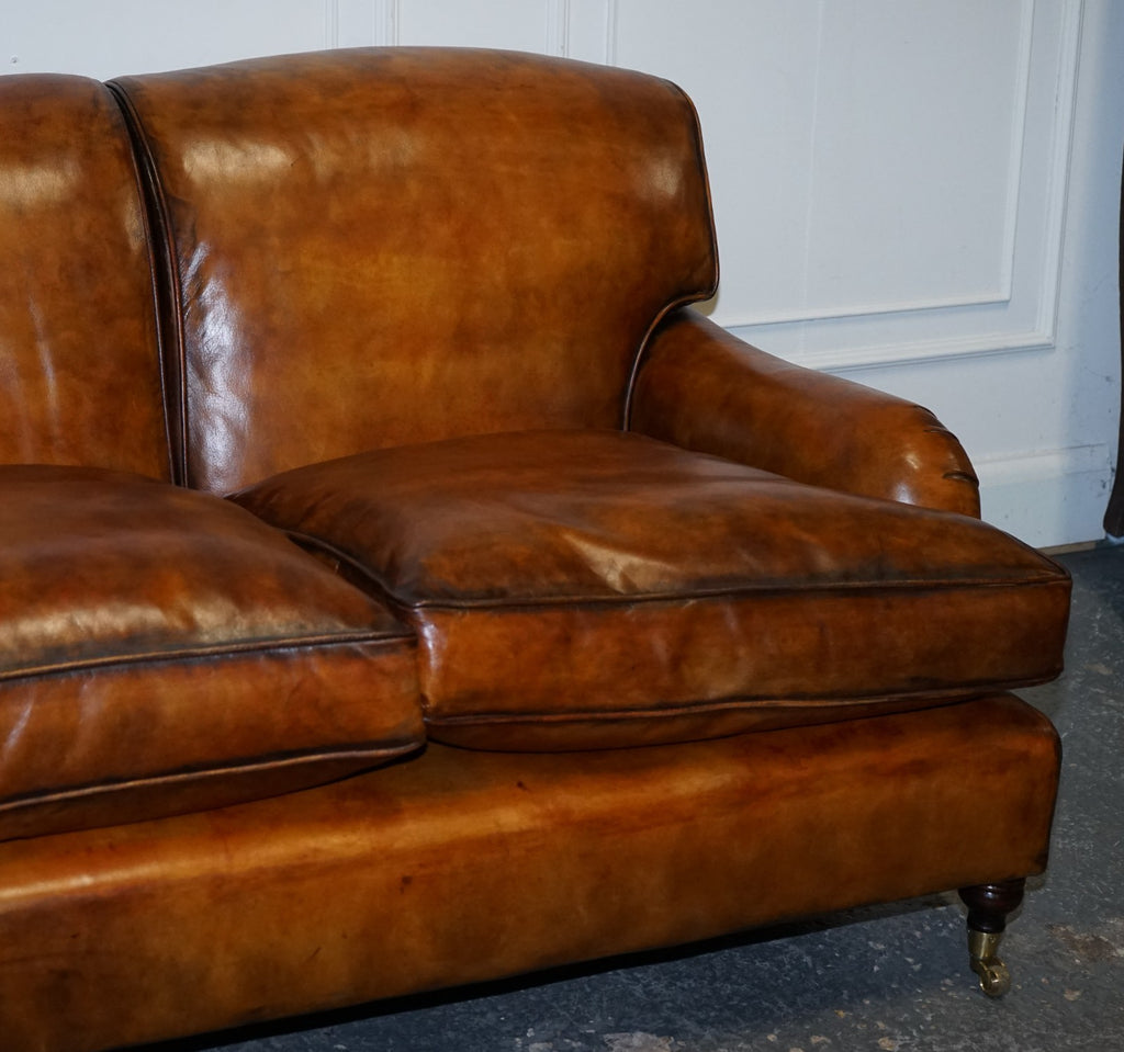 RESTORED HAND DYED LEATHER THREE SEATER SOFA HOWARD & SONS STYLE FEATHER FILLED