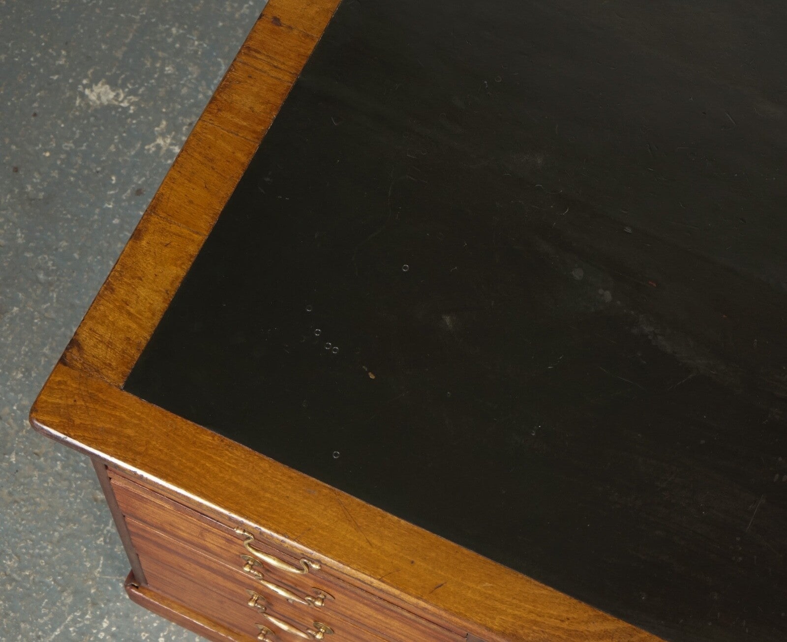 ANTIQUE HUGE DISTRESSED PARTNERS DESK WITH NAVY BLUE LEATHER TOP J1