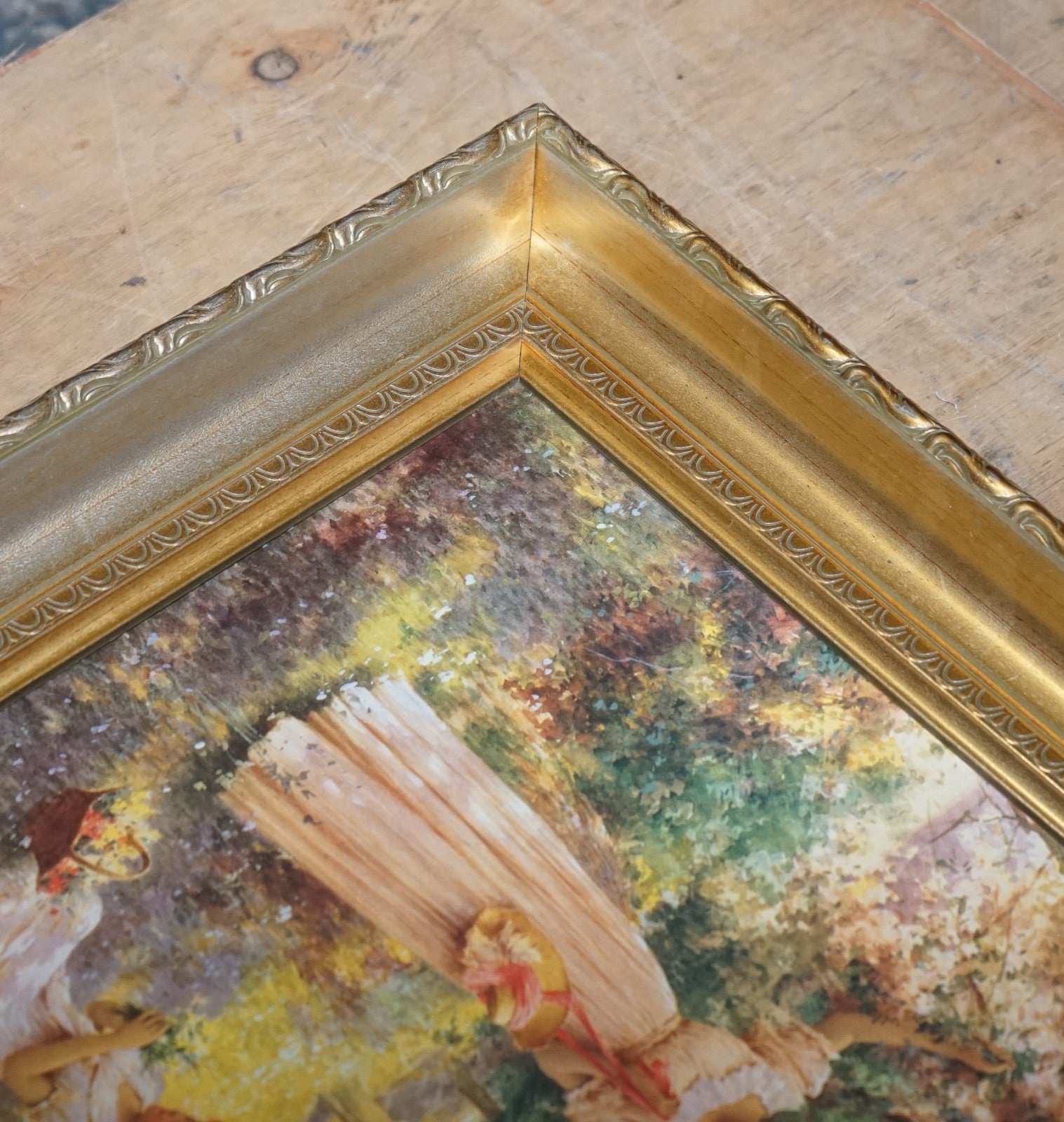 PAINTING PRINT GOLDEN FRAME''PICKING FLOWERS''BY ALFRED GLENDENING JR. 42X52 CM