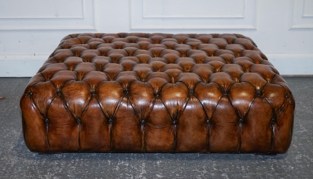 STUNNING LARGE HAND DYED BROWN LEATHER CHESTERFIELD FOOTSTOOL OTTOMAN