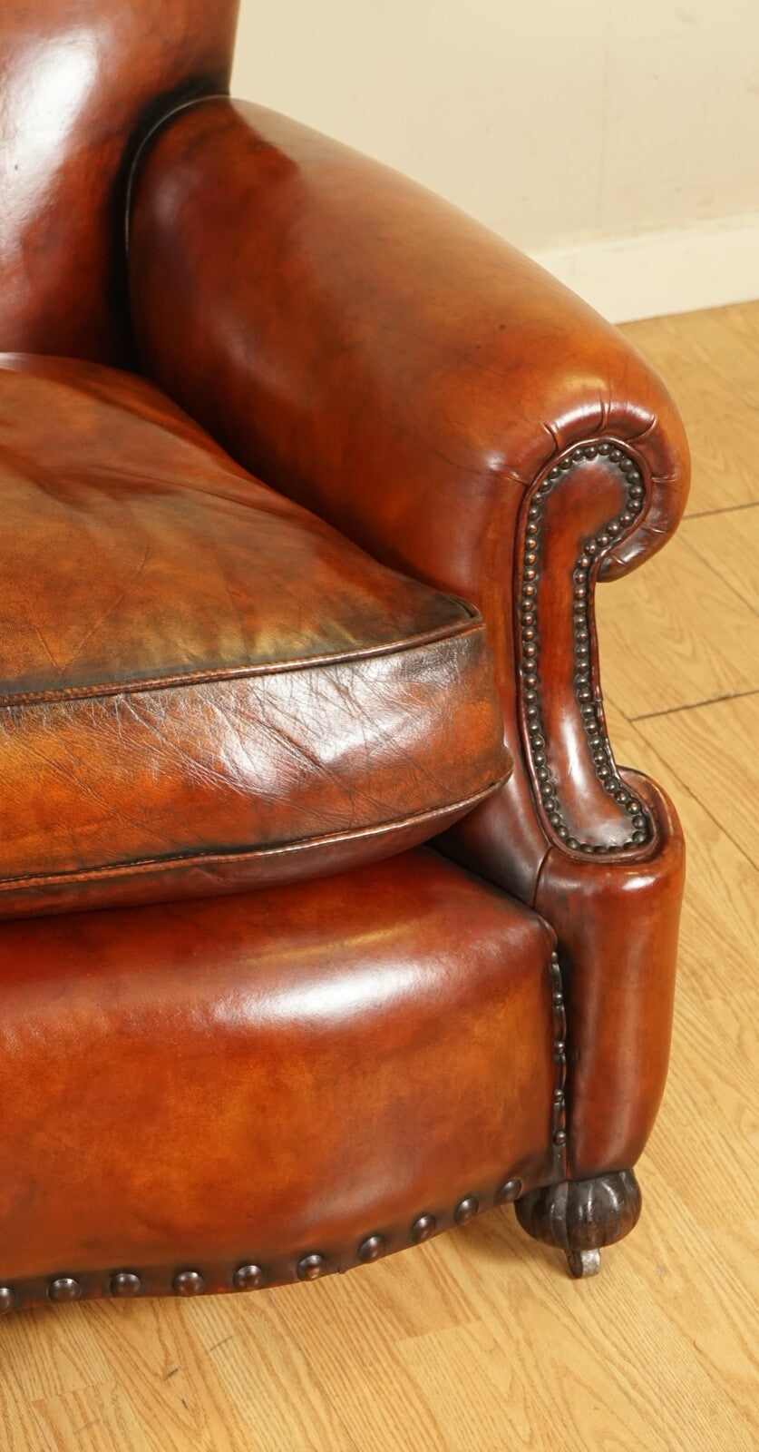 FULLY RESTORED HAND DYED WHISKY BROWN EDWARDIAN SOFA WITH FEATHER FILLED CUSHION
