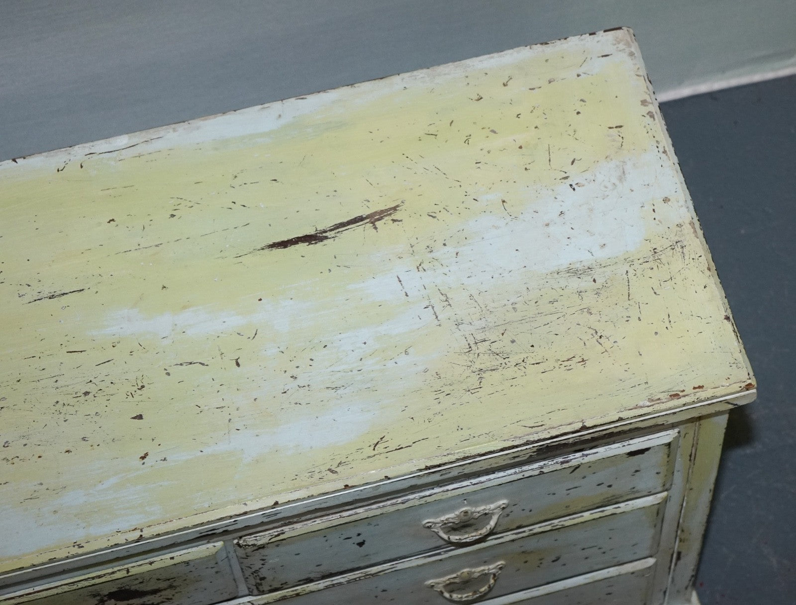 ANTIQUE HAND PAINTED PALE PINE GREEN THREE DRAWER CHEST OF DRAWERS
