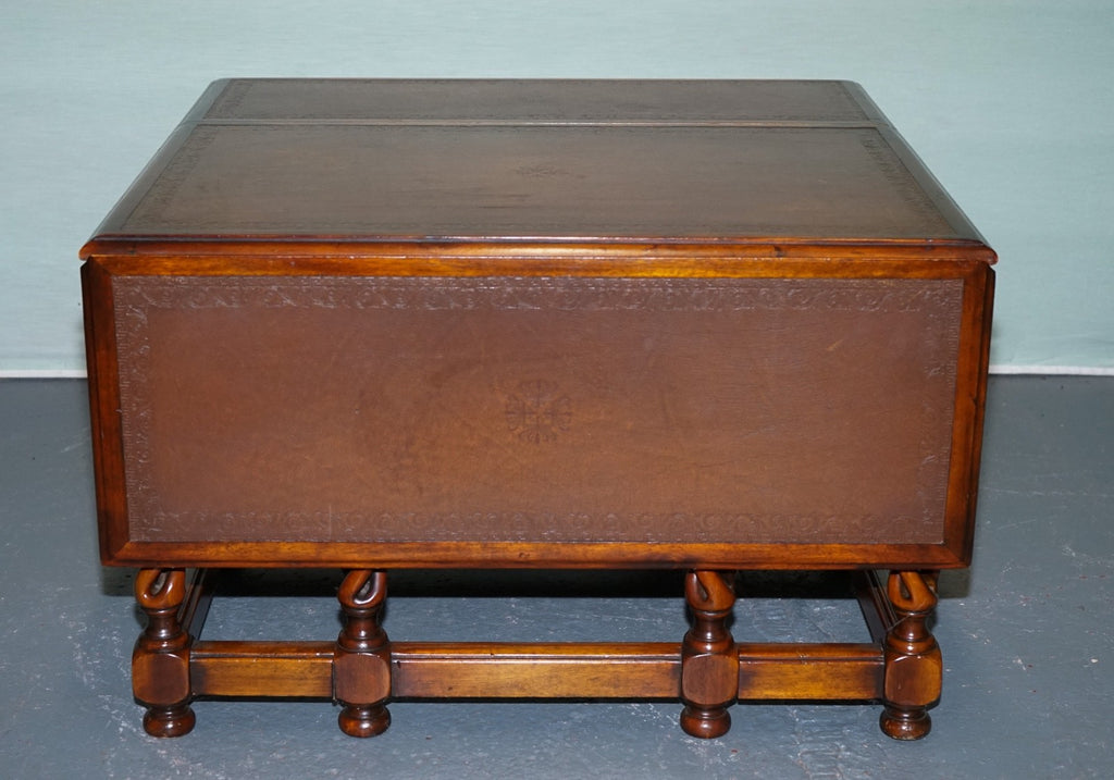 ELEGANT THEODORE ALEXANDER DROP LEAF BARLEY TWIST TABLE WITH LEATHER TOP
