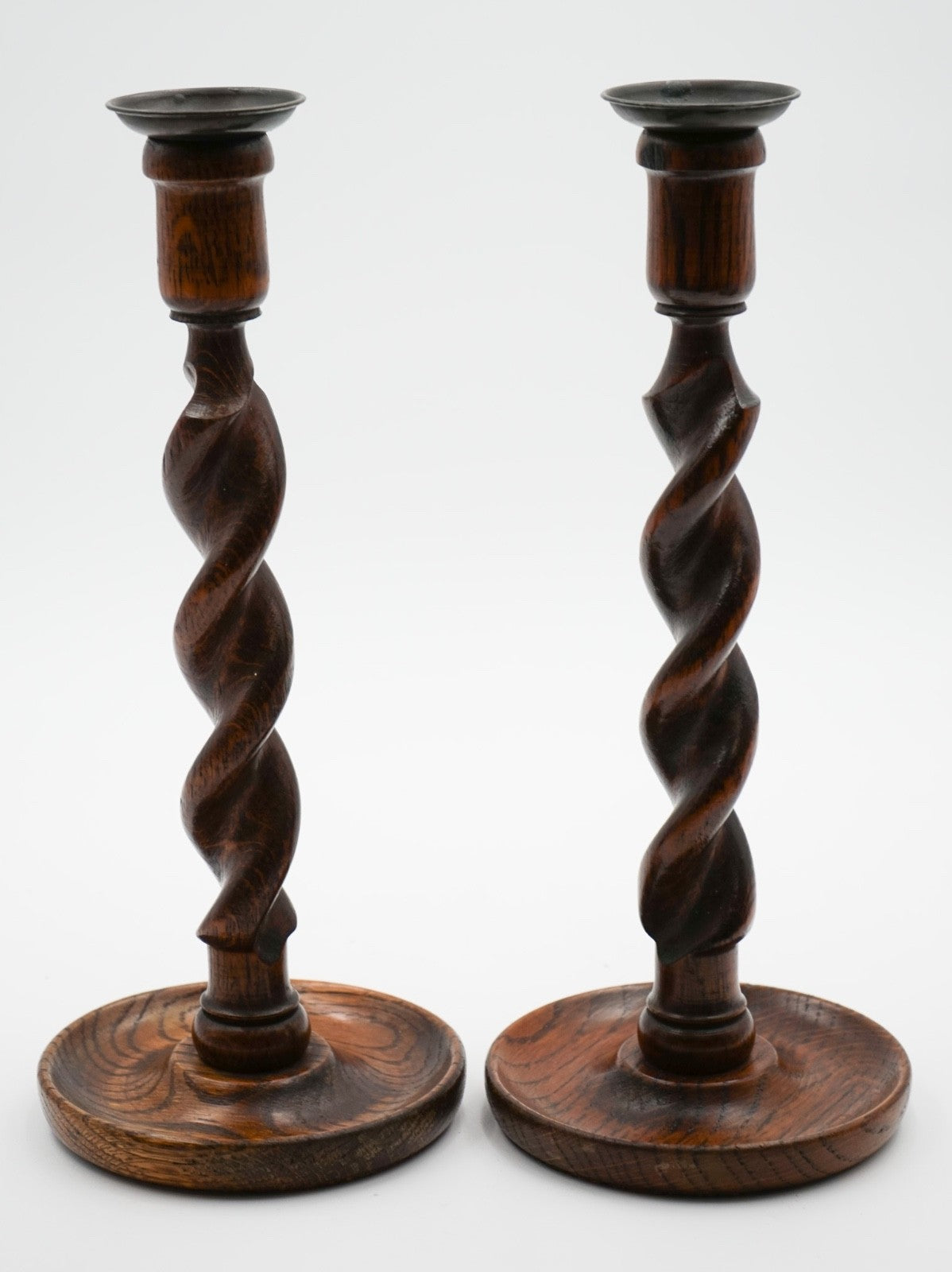 EARLY ViCTORIAN PAIR OF ENGLISH OAK BARLEY TWIST CANDLE STICKS (4)