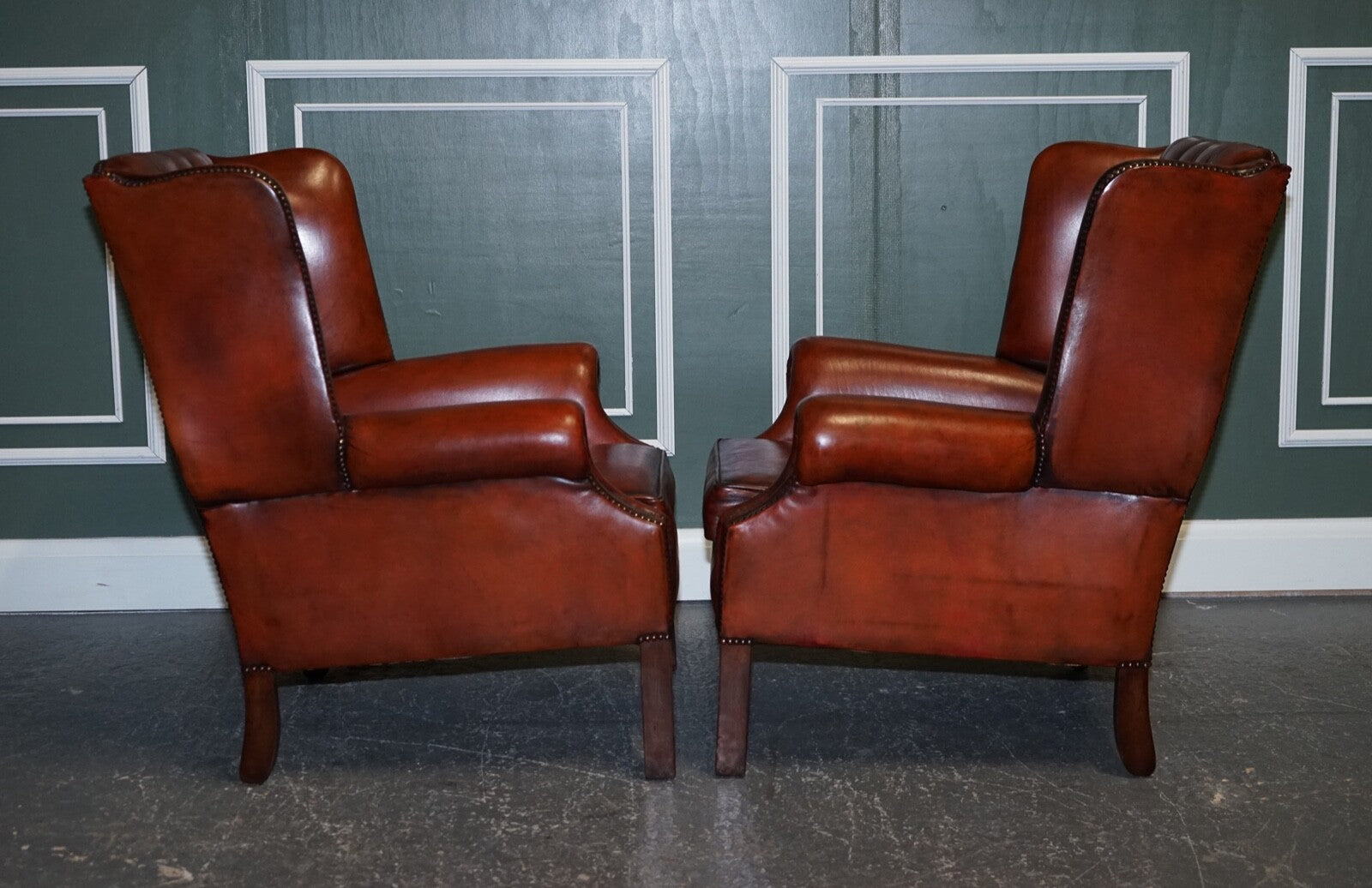 STUNNING PAIR OF BURGUNDY BROWN LEATHER HAND DYED WINGBACK CHAIRS