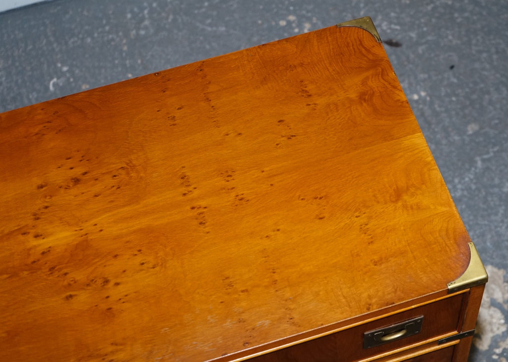 VINTAGE MILITARY CAMPAIGN YEW WOOD SECRETARY CHEST OF DRAWERS WiTH BRASS HANDLES