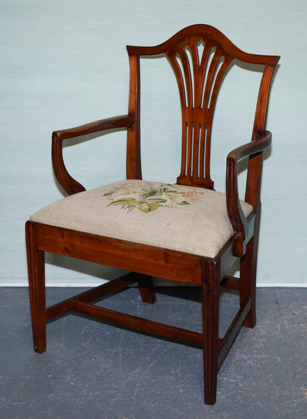 19TH CENTRY SINGLE HEPPLEWHITE ELBOW ARMCHAIR WITH FLORAL NEEDLEPOINT CUSHION