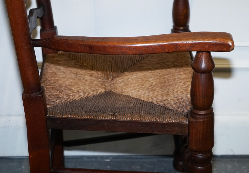 SET OF SIX ENGLISH ANTIQUE CIRCA 1910 LADDERBACK RUSH SEAT DINING CHAIRS