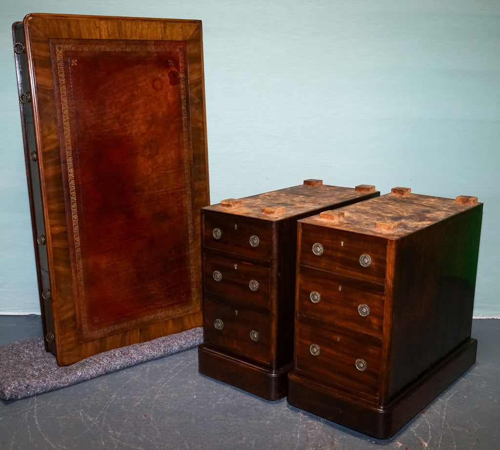 ANTIQUE VICTORiAN HARDWOOD PEDESTAL DESK WITH TOOLED LEATHER TOP