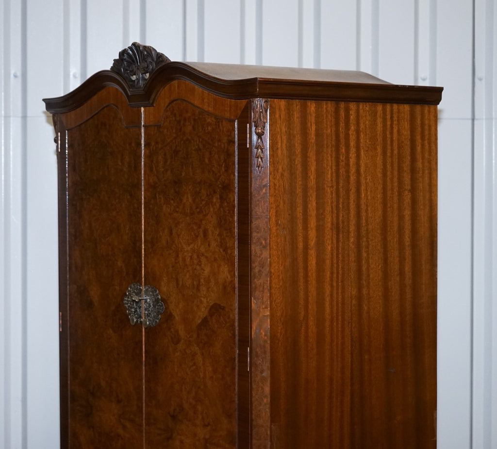 ART DECO 1920'S QUEEN ANNE ENGLiSH  BURR WALNUT TWO DOOR WARDROBE