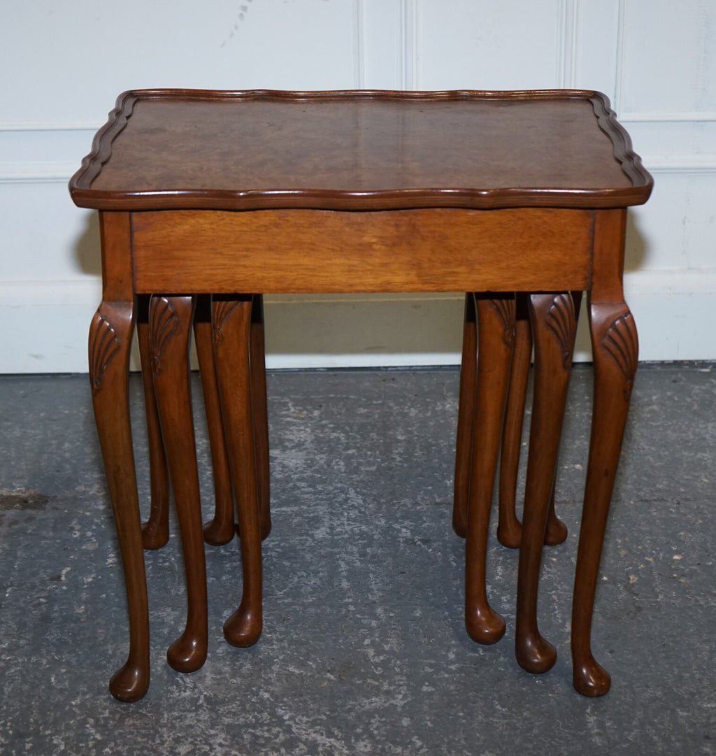 1920 ART DECO BURR WALNUT NEST OF THREE TABLES QUEEN ANNE LEGS