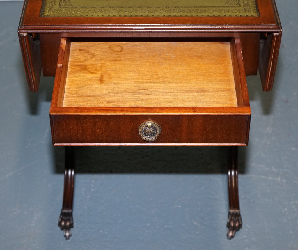 REGENCY STYLE HARDWOOD SIDE TABLE WITH GREEN LEATHER iNSET TOP & DROP LEAVES