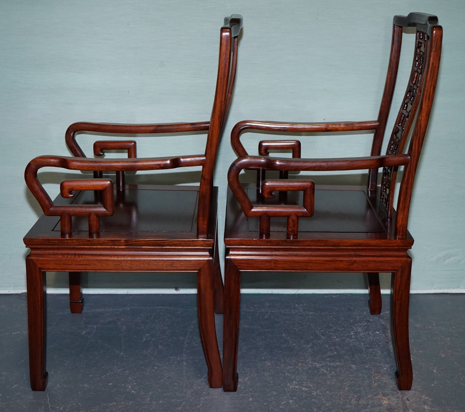 PAIR VINTAGE ORIENTAL CHINESE HARD WOOD CARVER ARMCHAIRS WITH CUSHIONS