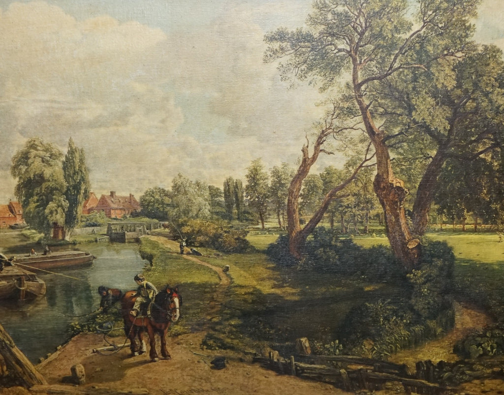 VINTAGE FRAMED COUNTRYSIDE LANDSCAPE PRINT RIVER SCENE WiTH HORSES AND TREES