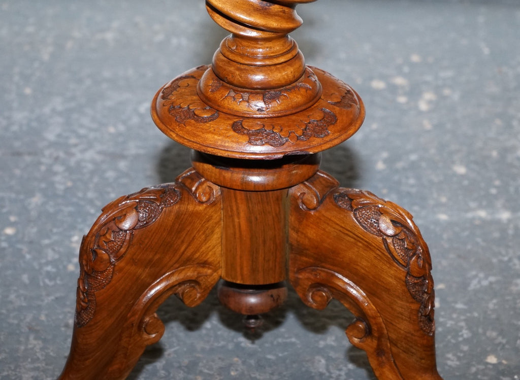 ANTIQUE MARQUETRY BURR WALNUT PEDESTAL SIDE END TABLE WITH CARVED & TURNED BASE