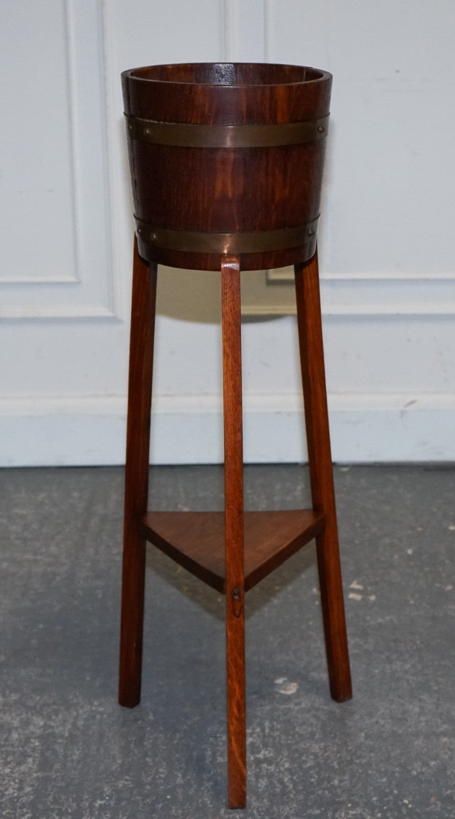 ANTIQUE EDWARDIAN OAK PLANT OR CHAMPAGNE STAND BY R.A. LISTER & CO ENGLAND