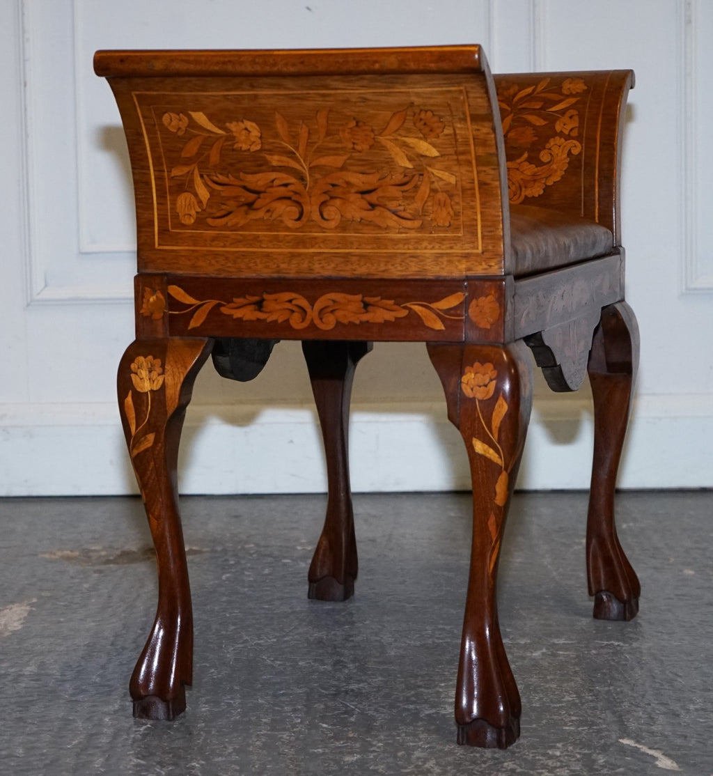 ANTIQUE 1860 DUTCH MARQUETRY WINDOW PIANO STOOL WITH HAND DYED CHESTERFIELD SEAT