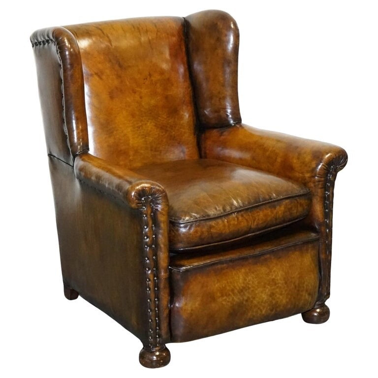 STUNNING EARLY VICTORIAN HAND DYED BROWN LEATHER READING LOUNGE ARMCHAIR