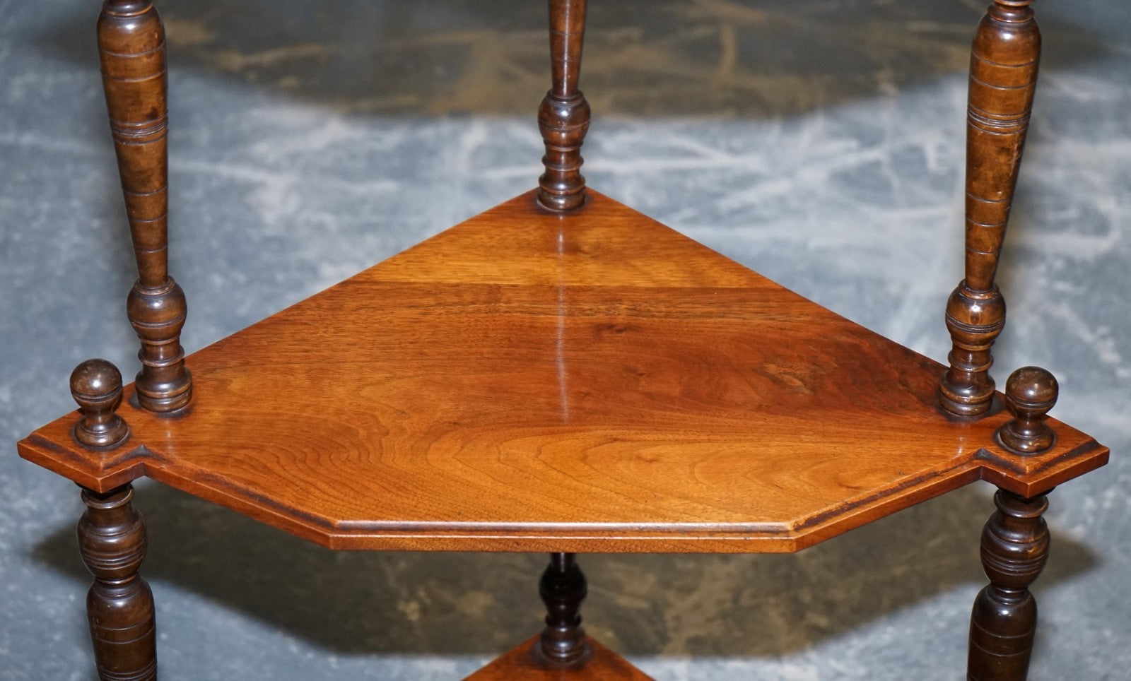 VICTORIAN ENGLISH INLAID BURR WALNUT CORNER WHATNOT STAND