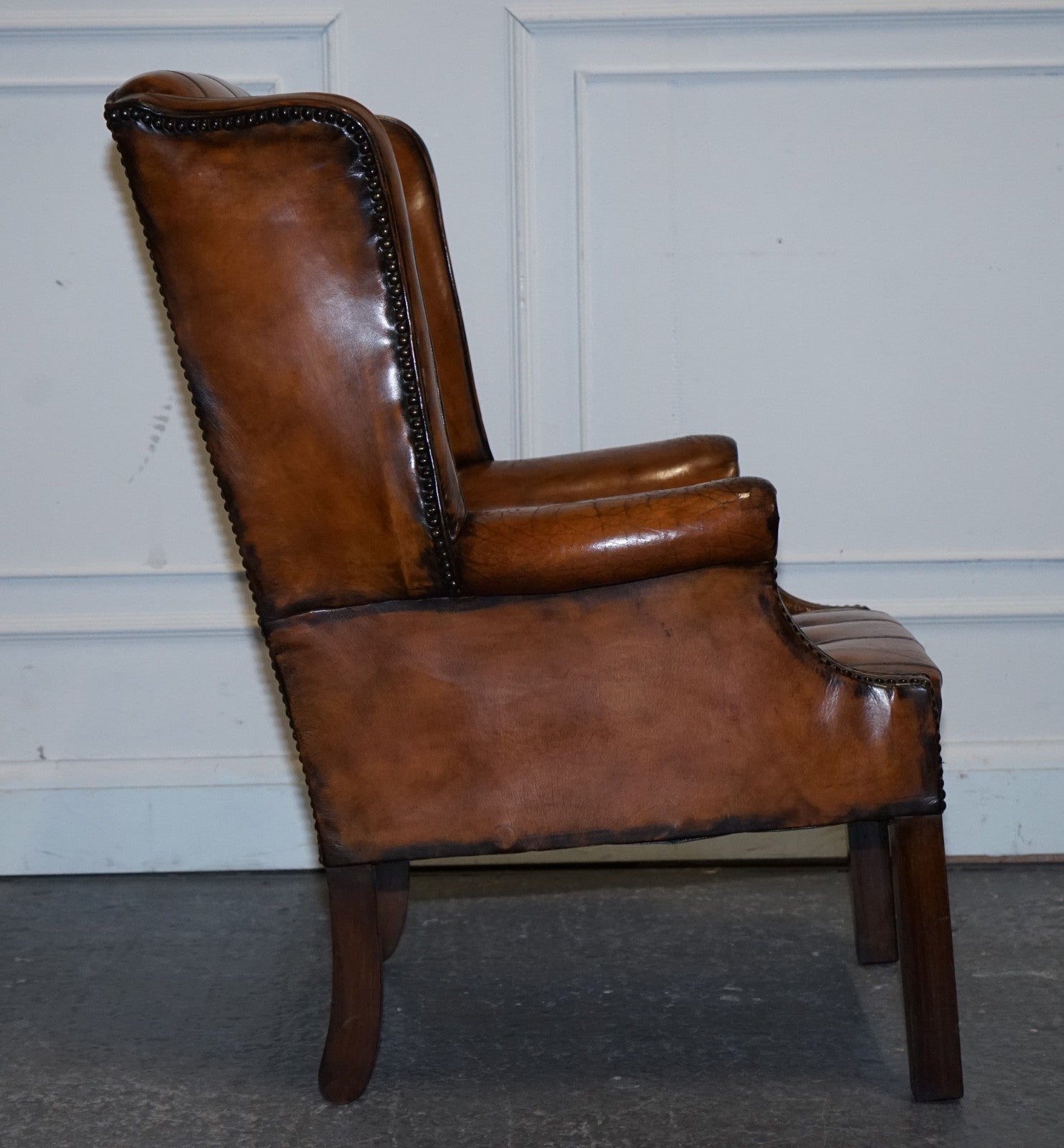 STUNNING 1960'S HAND DYED BROWN LEATHER CHESTERFIELD WINGBACK ARMCHAIRS