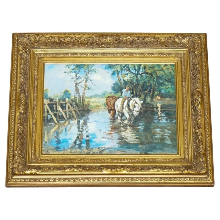 ANTIQUE OIL PAINTING HORSE RIDER CROSSING A STREAM GILTED FRAME 49 X 60 CM