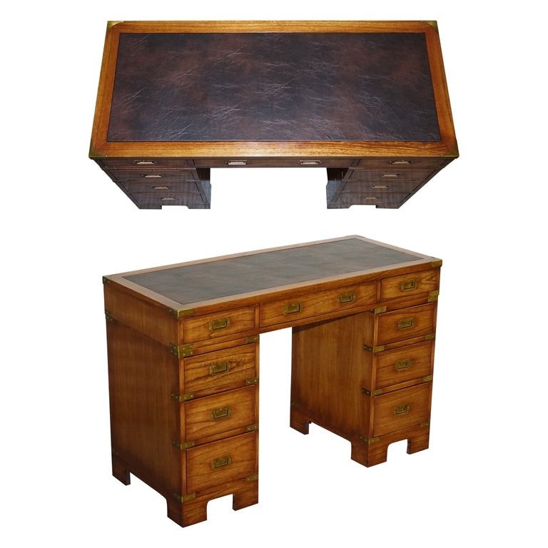 VINTAGE MILITARY CAMPAIGN TWIN PEDESTAL DESK WITH BRASS FITTINGS
