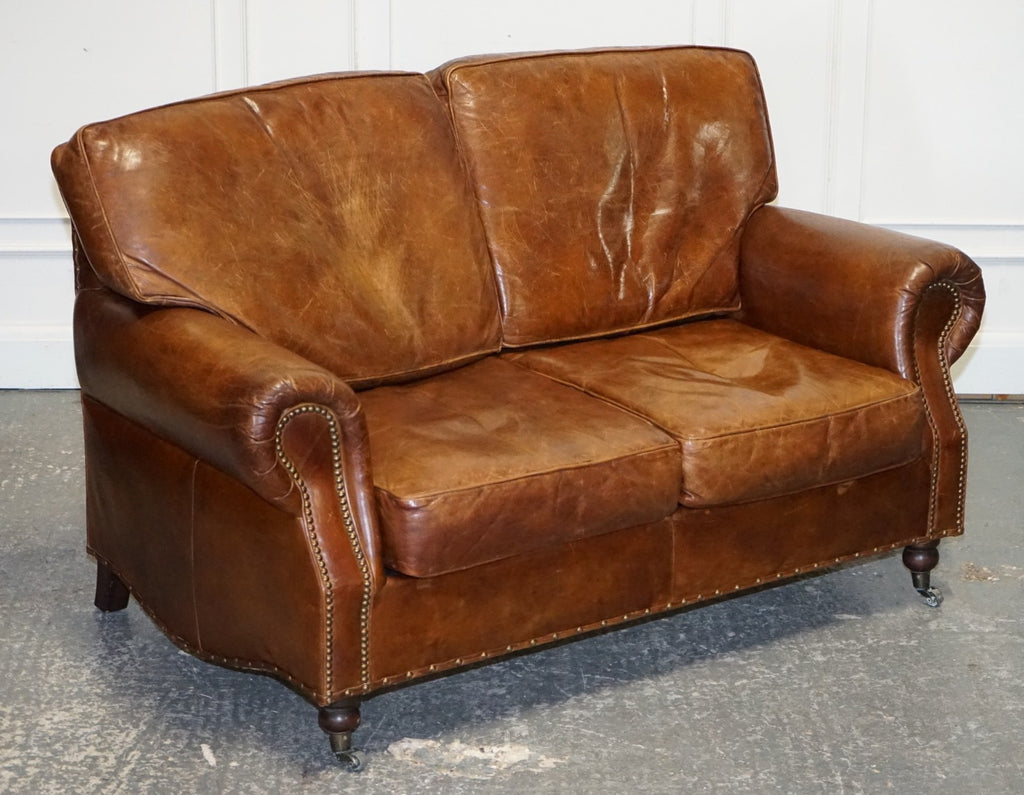 HALO TIMOTHY OULTON STYLE BALMORAL TWO SEATER BROWN HERITAGE LEATHER SOFA
