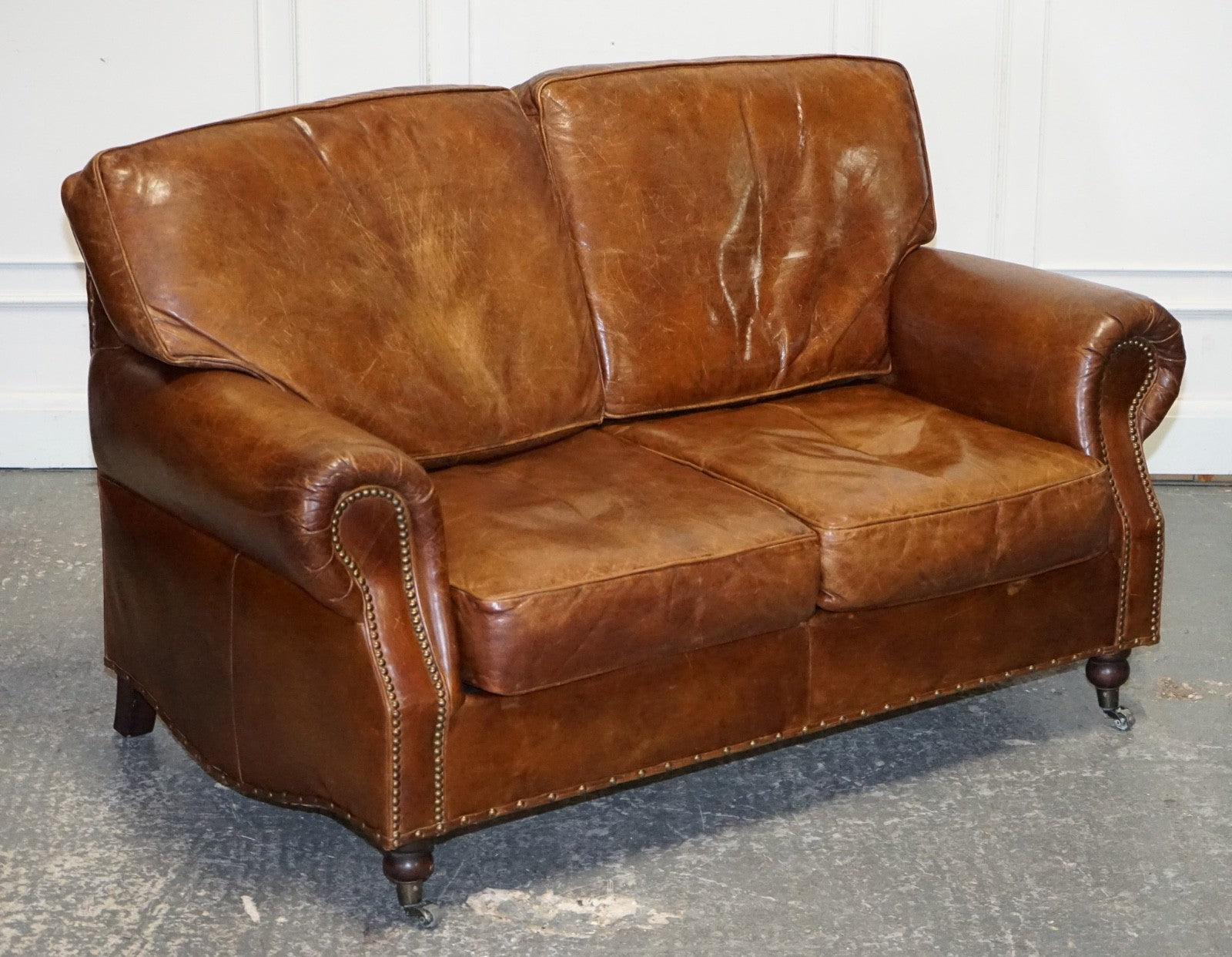 HALO TIMOTHY OULTON STYLE BALMORAL TWO SEATER BROWN HERITAGE LEATHER SOFA