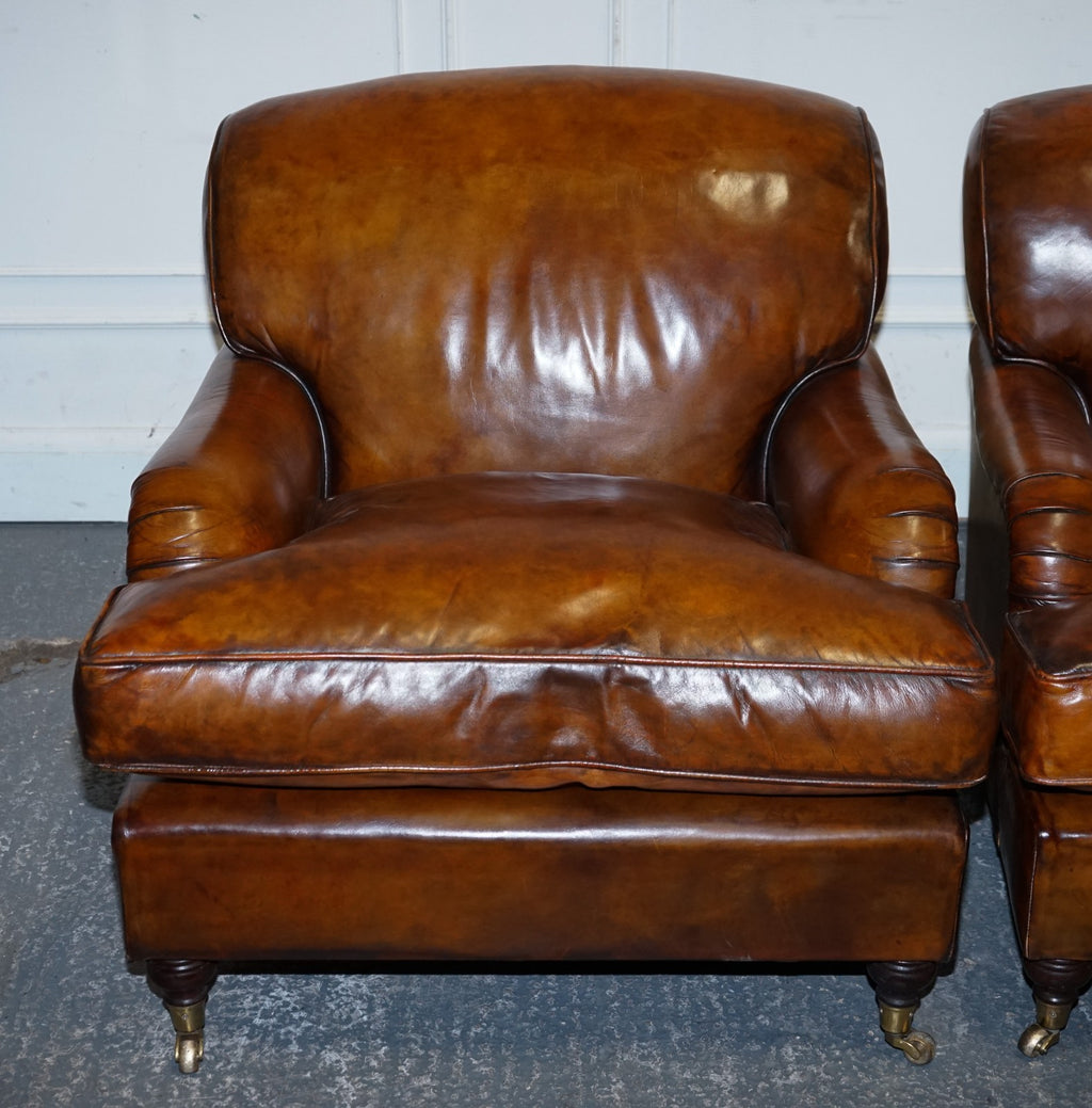 LARGE PAIR HOWARD STYLE HAND DYED LEATHER ARMCHAIRS FEATHER FILLED CUSHIONS