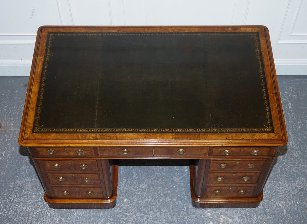 IMPORTANT ROYAL DRUCE & CO LONDON 1840's RESTORED BURR WALNUT TWIN PEDESTAL DESK