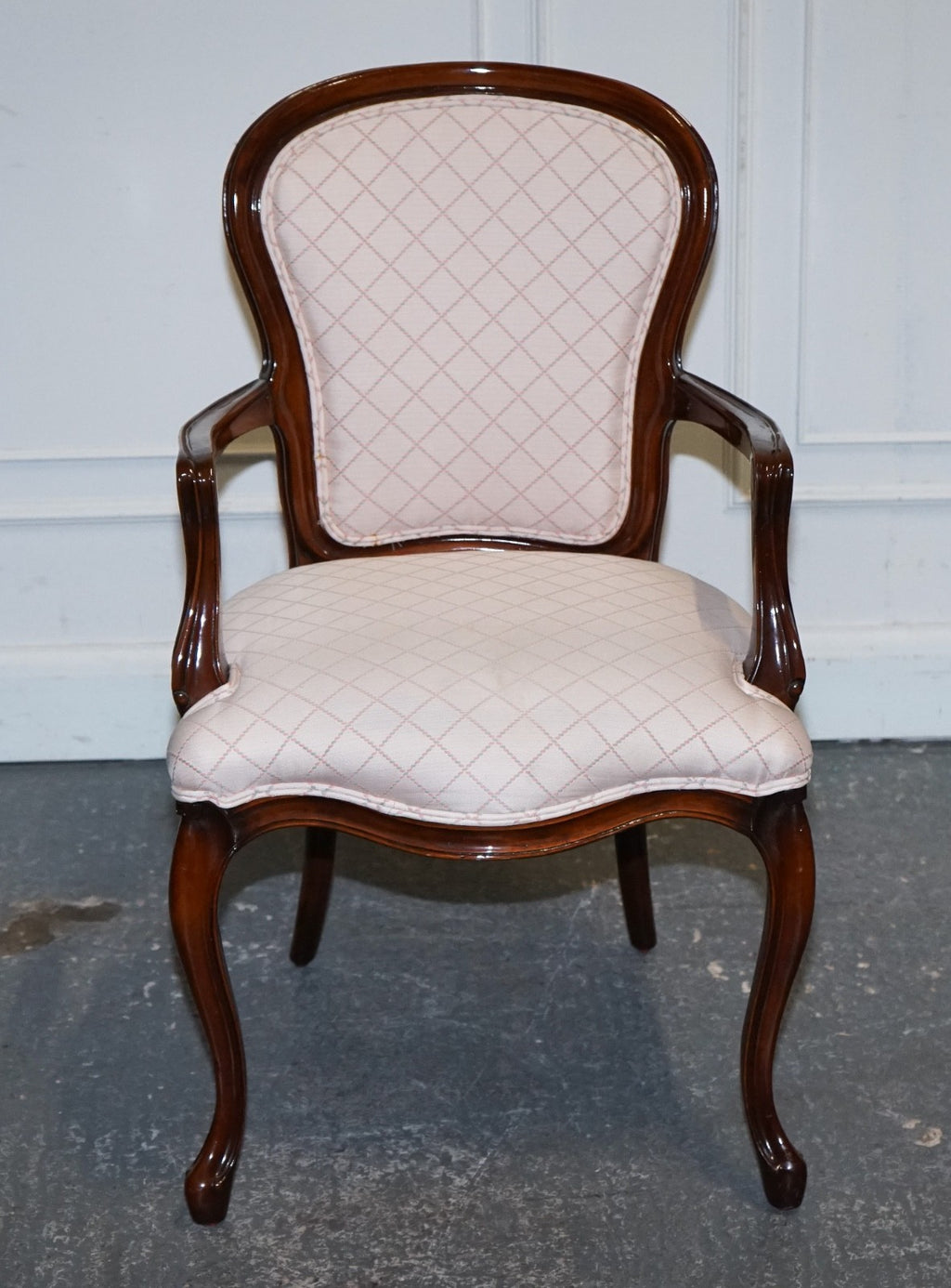 VINTAGE FRENCH STYLE WALNUT UPHOLSTERED SALON ARMCHAIR