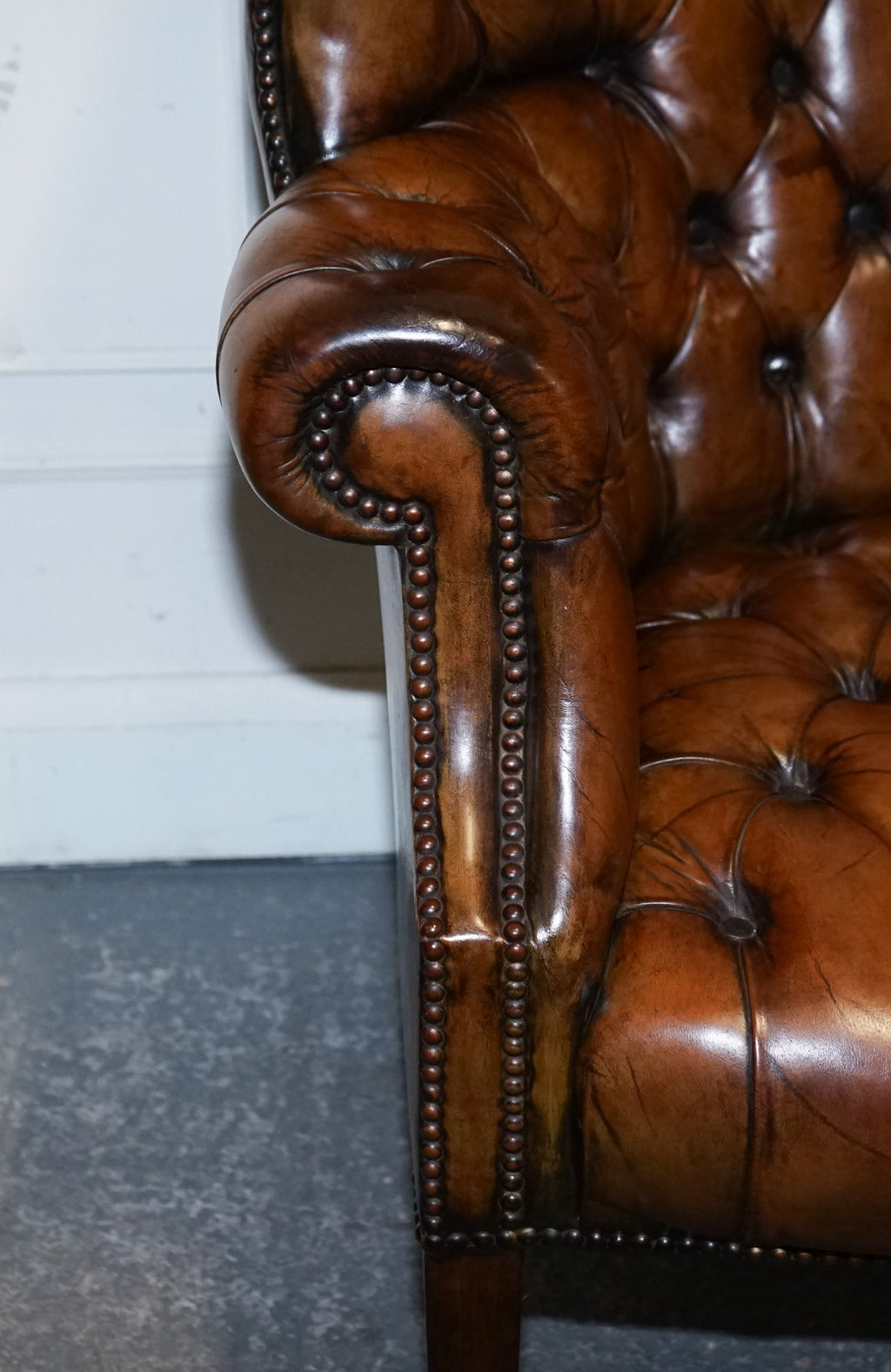 RESTORED CHESTERFIELD HAND DYED LEATHER PORTERS WINGBACK ARMCHAIR