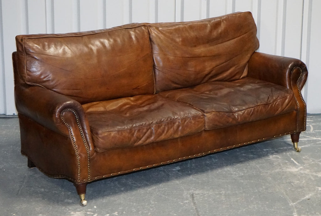 HALO TIMOTHY OULTON STYLE BALMORAL THREE SEATER BROWN HERITAGE LEATHER SOFA