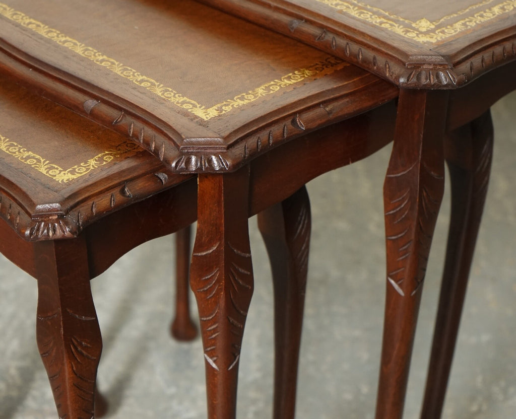 VINTAGE NEST OF TABLES QUEEN ANNE STYLE LEGS WITH BROWN EMBOSSED LEATHER TOP