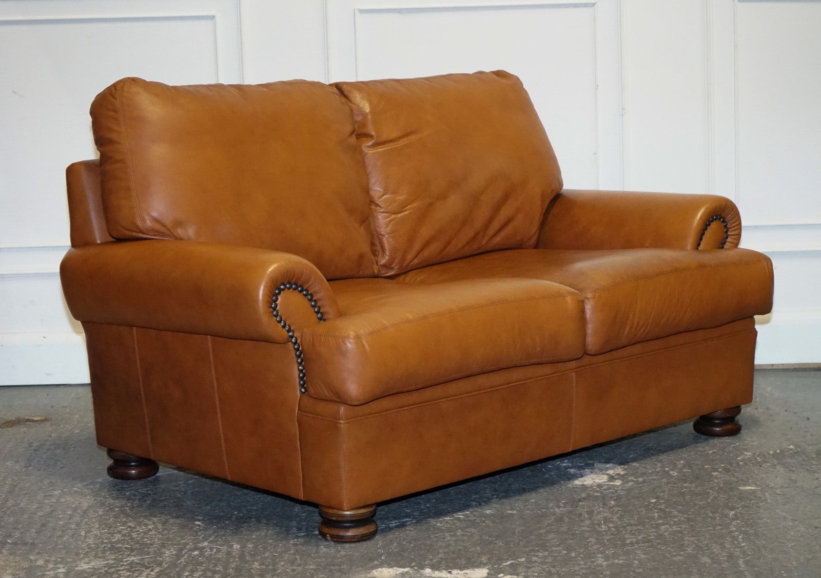 VINTAGE TETRAD CORDOBA TWO SEATER TAN LEATHER SOFA RETAILED BY JOHN LEWIS
