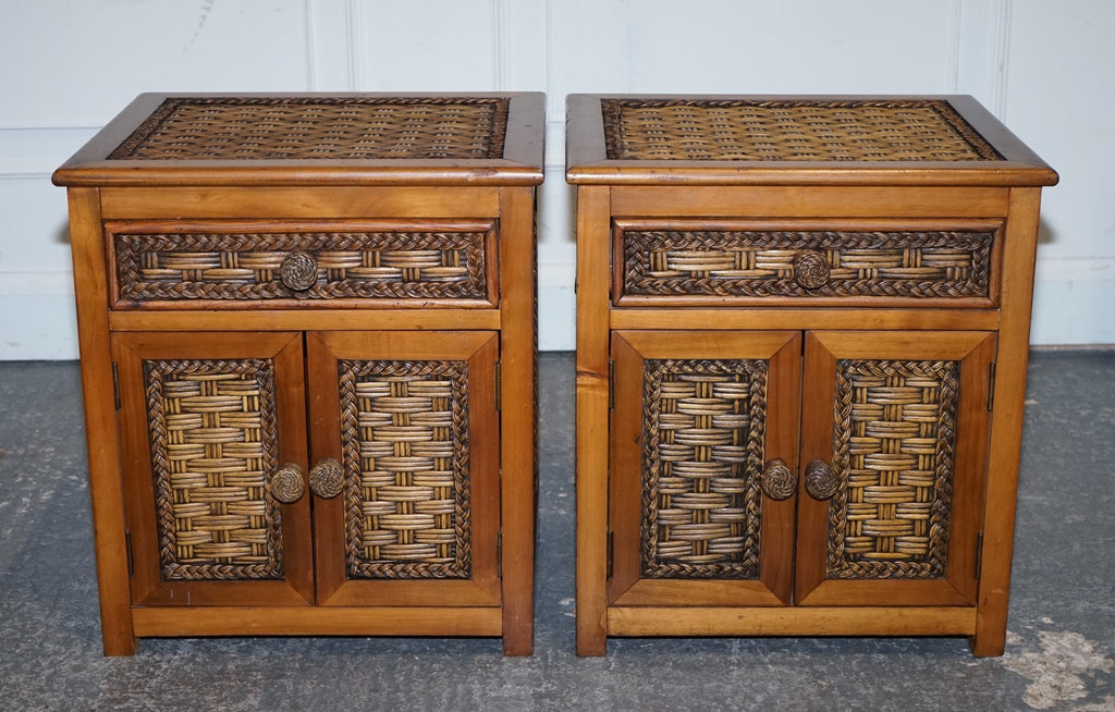 VINTAGE PAIR OF WICKER OR RATTAN NIGHTSTANDS BEDSIDE TABLES CUPBOARD & DRAWER