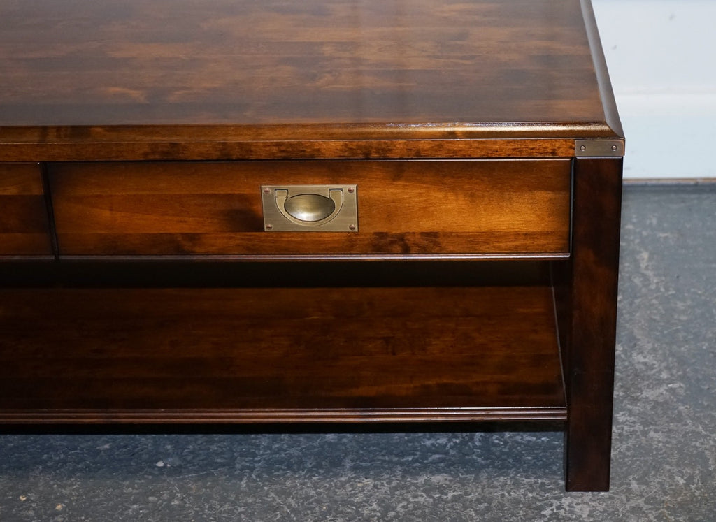 VINTAGE MILITARY CAMPAIGN MAHOGANY & BRASS COFFEE TABLE WITH TWO DRAWERS