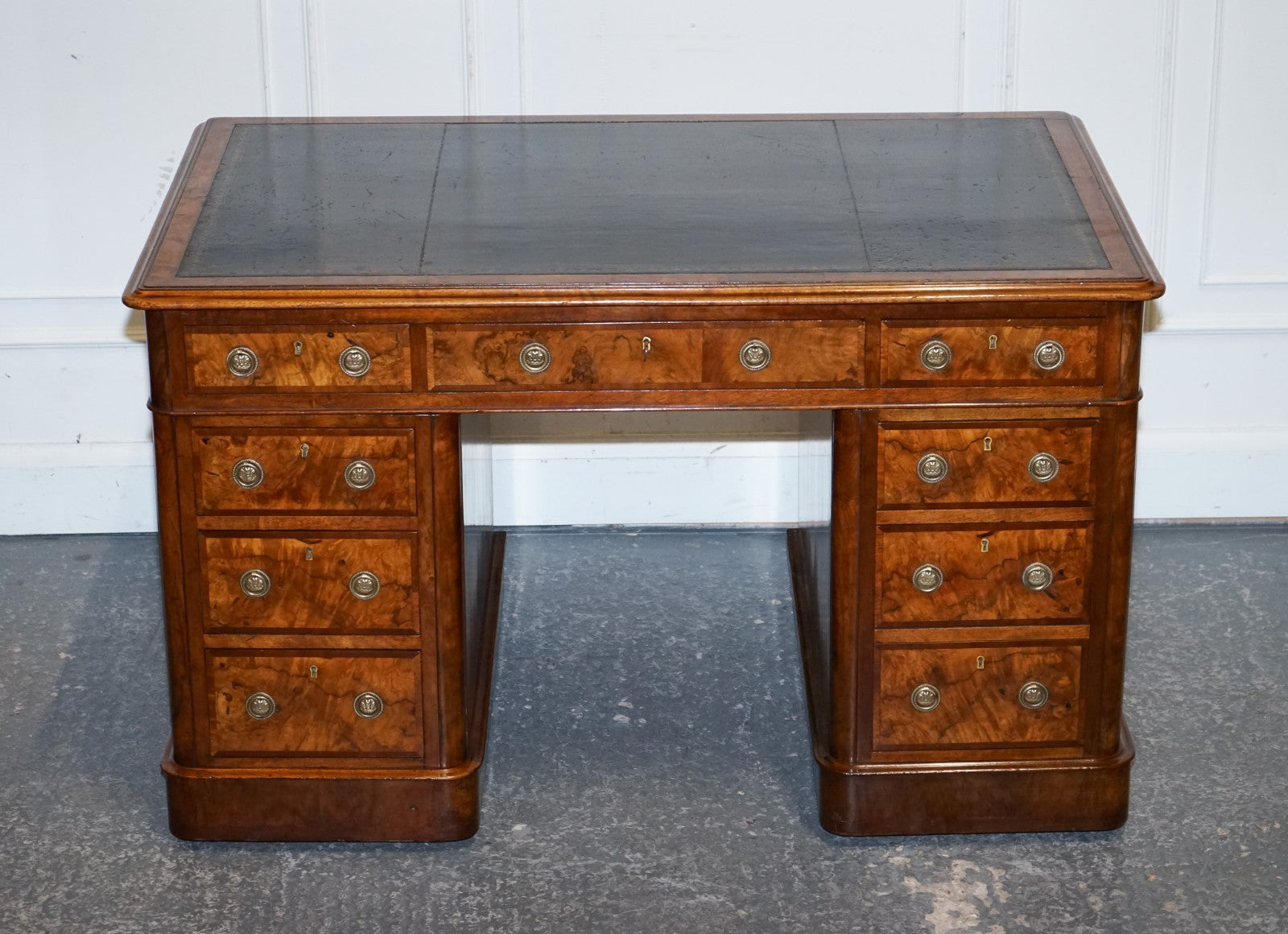 IMPORTANT ROYAL DRUCE & CO LONDON 1840's RESTORED BURR WALNUT TWIN PEDESTAL DESK