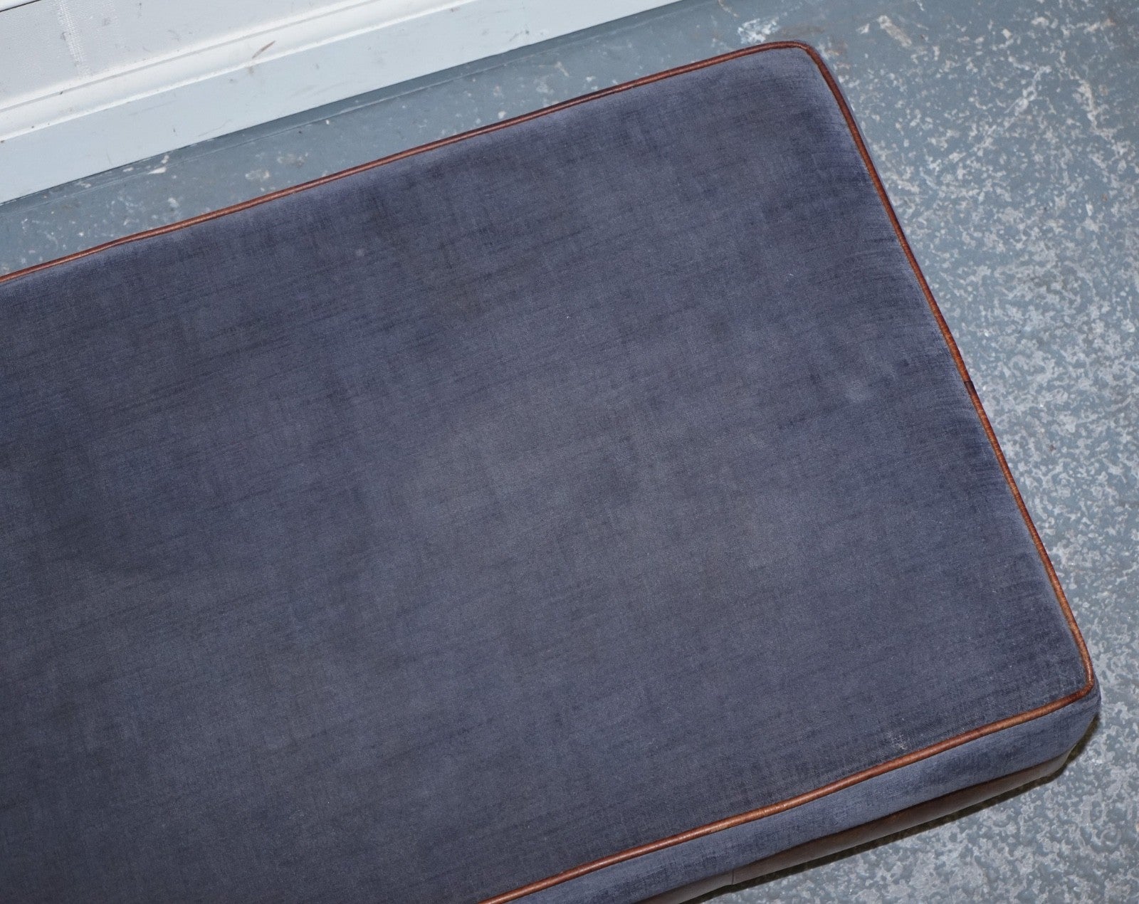 LARGE TETRAD CONSTABLE OTTOMAN RECTANGULAR FOOTSTOOL BLUE FABRIC & LEATHER BASE