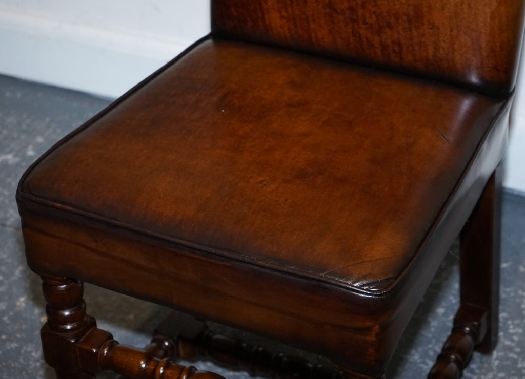 8 RESTORED CROMWELLIAN HAND DYED WHISKEY BROWN LEATHER DINING CHAIRS