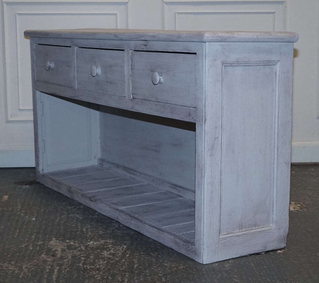 ANTIQUE HAND PAINTED ENGLISH PINE FARMHOUSE SIDEBOARD WITH THREE DRAWERS
