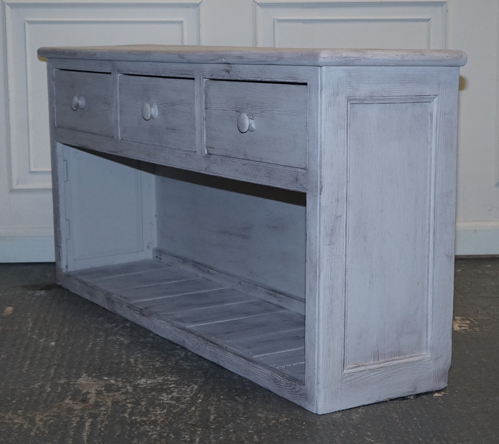ANTIQUE HAND PAINTED ENGLISH PINE FARMHOUSE SIDEBOARD WITH THREE DRAWERS