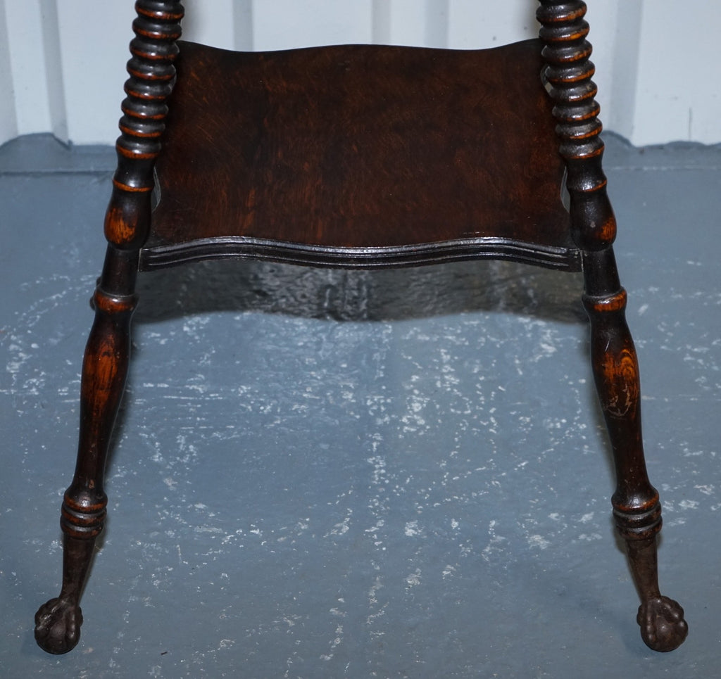 ANTIQUE VICTORIAN TIGER OAK SIDE TABLE TURNED BOBBIN LEGS WITH CAST IRON FEET