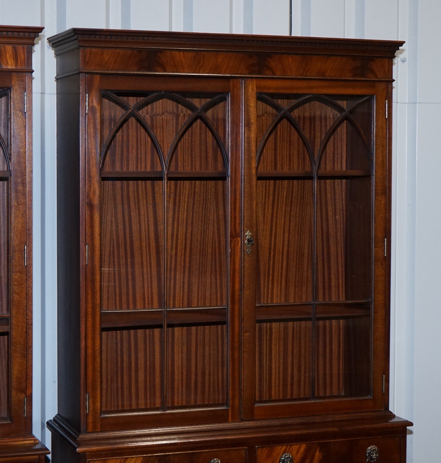 PAIR GEORGIAN STYLE DISPLAY CABINETS BOOKCASES WITH BRASS LION HANDLES