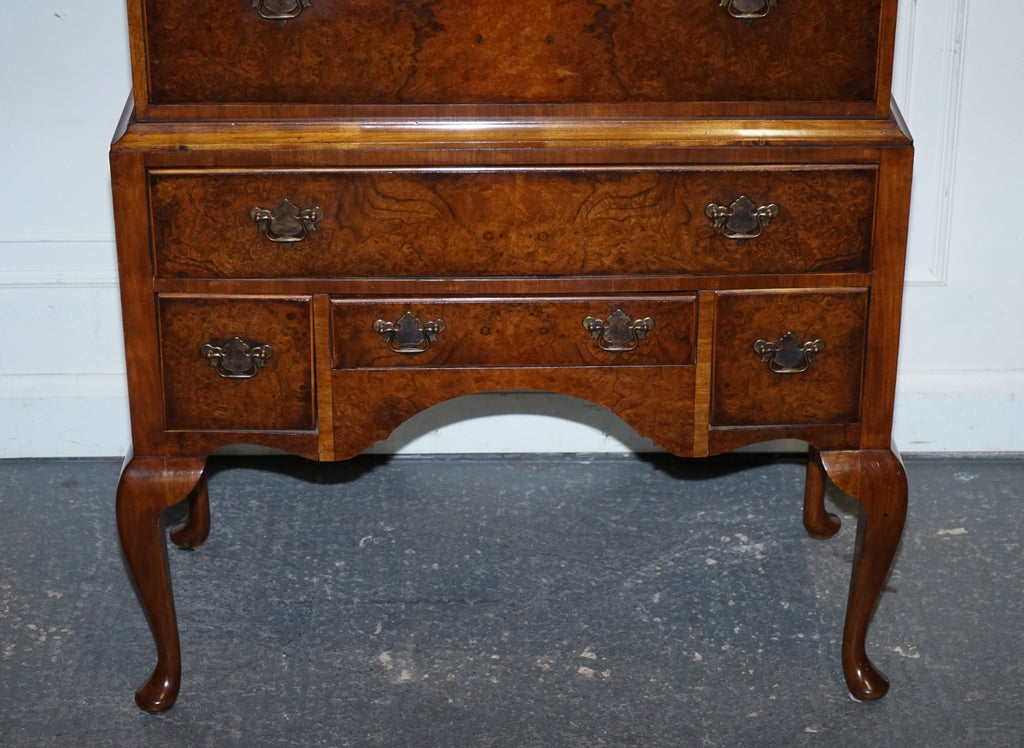 ANTIQUE GEORGIAN STYLE BURR WALNUT CHEST ON STAND WITH QUEEN ANNE LEGS