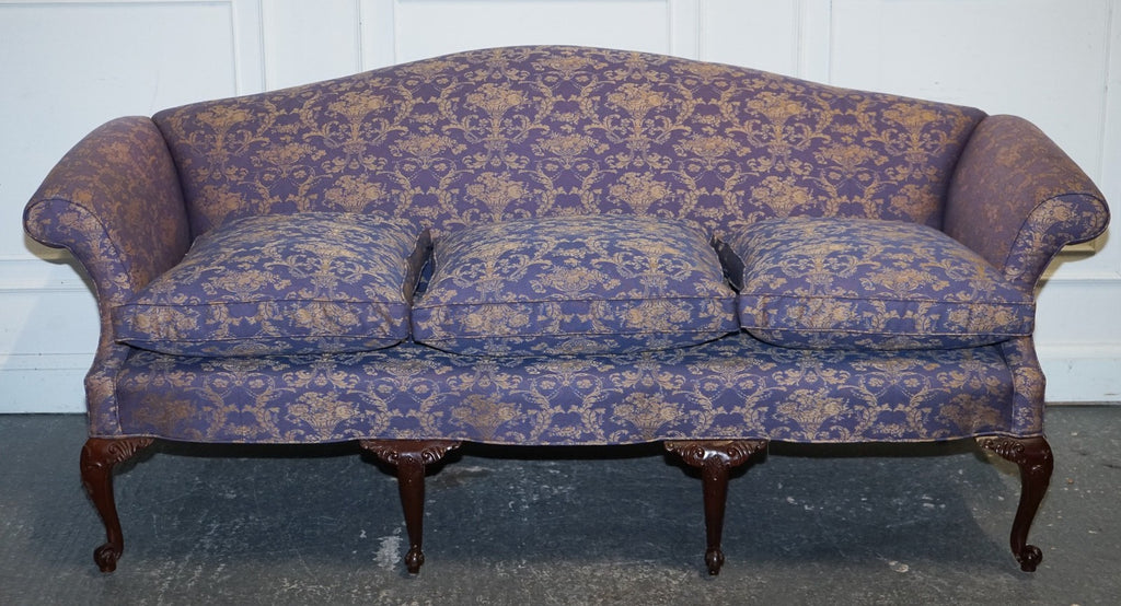 ANTIQUE ENGLISH COUNTRY HOUSE CHIPPENDALE CAMEL BACK FABRIC THREE SEATER SOFA